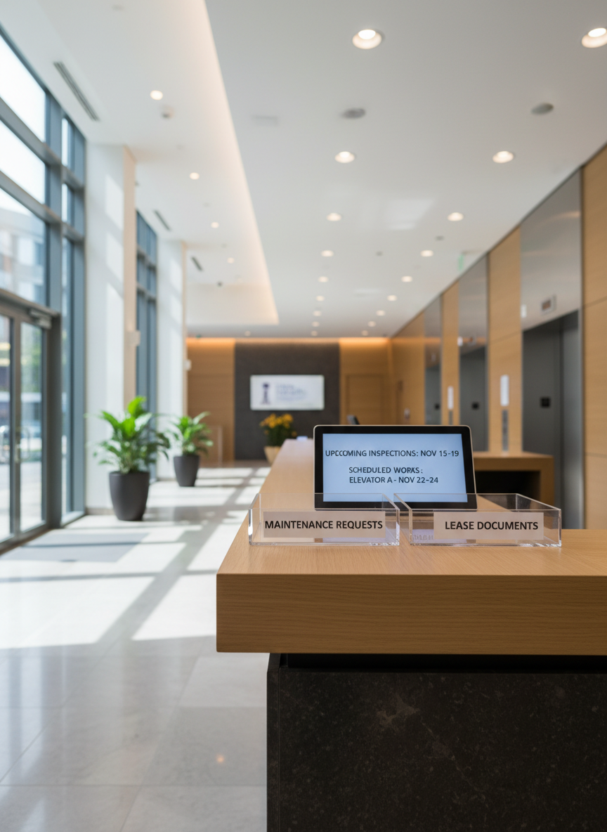 A bright, organized reception counter in a modern building lobby, intentionally devoid of people, with a clear acrylic in-tray labeled “Maintenance Requests,” a separate tray marked “Lease Documents,” and a small digital sign displaying rotating notifications about upcoming inspections and scheduled works. The counter is finished in light oak with a smooth, matte texture, complemented by a dark stone front panel. Daylight filters through tall windows, enhanced by soft recessed ceiling lights, creating a welcoming yet formal mood. Shot at an eye-level angle in photographic realism, the composition centers on the labeled trays, with a shallow depth of field gently blurring polished floors, indoor planters, and elevator doors in the background, conveying orderly, responsive property management.