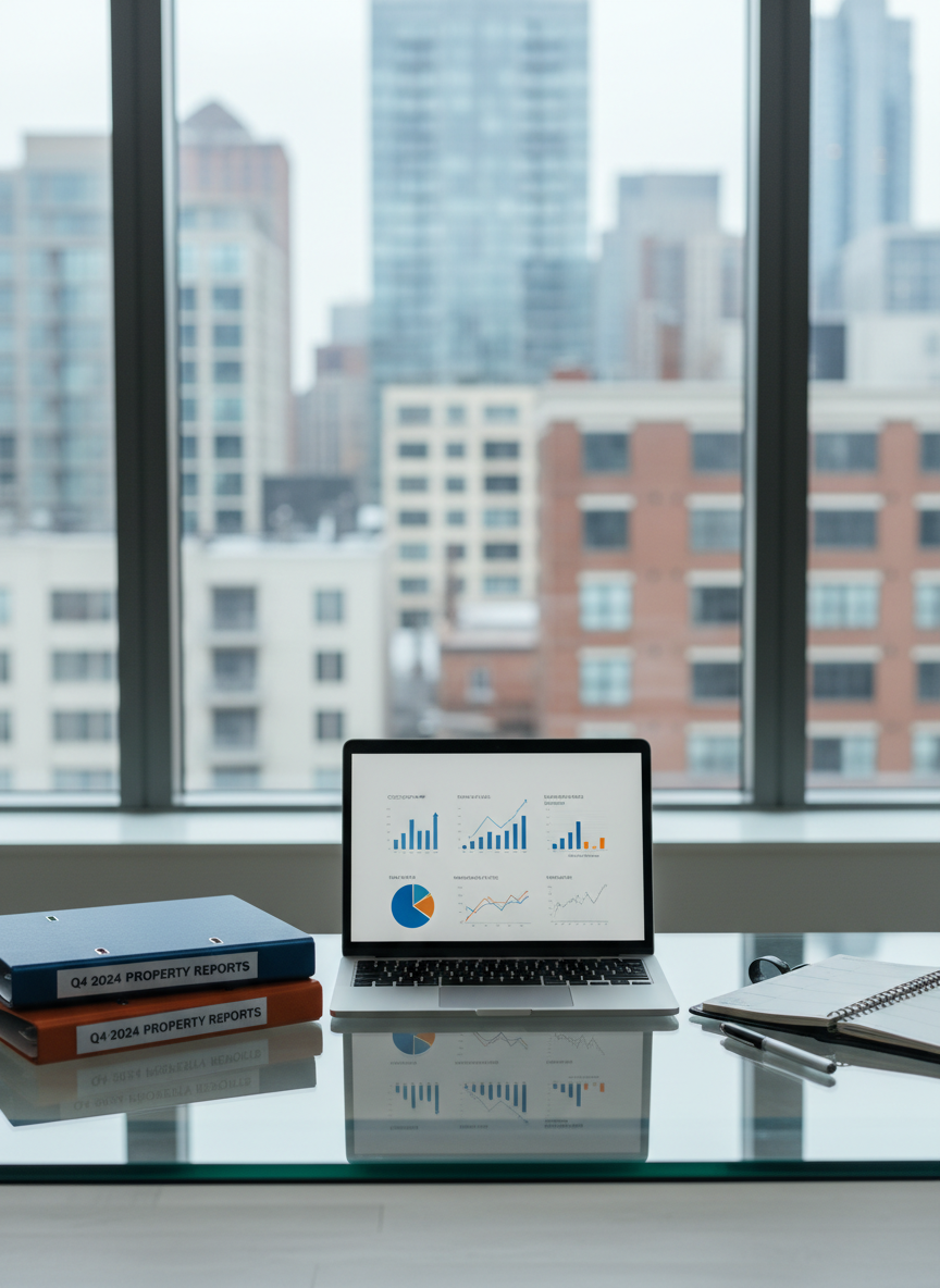 A sleek, glass-topped executive desk neatly arranged with color-coded property folders, a slim silver laptop displaying a clear dashboard of building metrics, and a structured planner open to a fully scheduled week. In the background, large floor-to-ceiling windows reveal a softly blurred city skyline with mixed residential and commercial buildings. Cool, diffused daylight fills the room, creating crisp reflections on the desk surface and gentle, professional shadows. Captured at eye level in photographic realism with a clean, modern aesthetic, the composition uses the rule of thirds, keeping the desk in sharp focus while the cityscape fades into a subtle bokeh. The mood is organized, reliable, and efficient, visually conveying streamlined property administration.