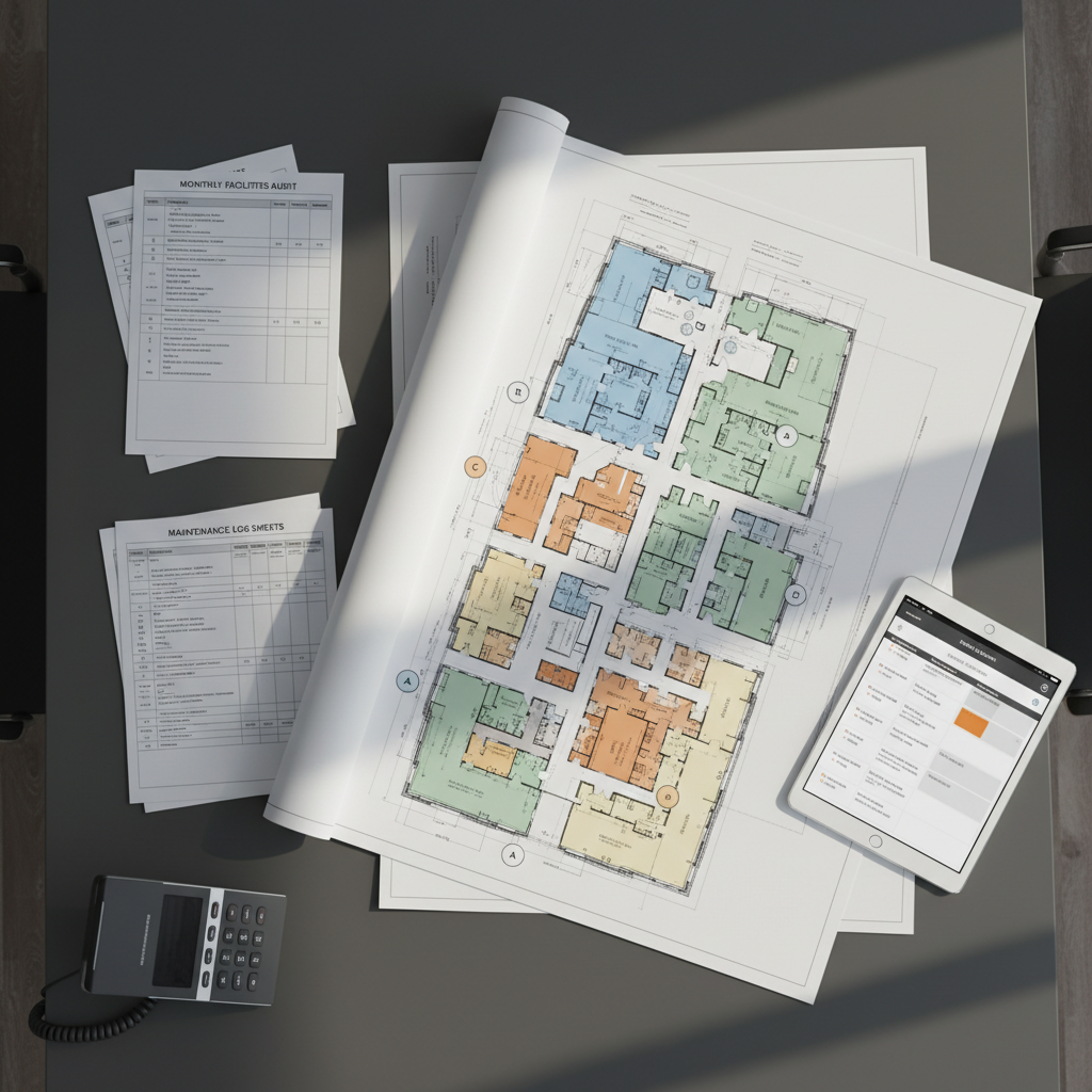 A detailed, overhead view of a large, printed building schematic spread out on a smooth, charcoal-grey meeting table. Different zones of the mixed-use property are highlighted with color-coded markers, alongside neatly arranged inspection checklists, maintenance log sheets, and a tablet displaying a digital calendar of recurring services. Natural afternoon light from an unseen window creates soft, angled shadows across the paper, emphasizing its texture and annotations. The composition is a top-down, photographic realism shot with sharp focus on every label, line, and color code, while the edges of the table and a blurred conference phone fade toward the corners. The mood is methodical and precise, illustrating the careful planning behind streamlined property operations.