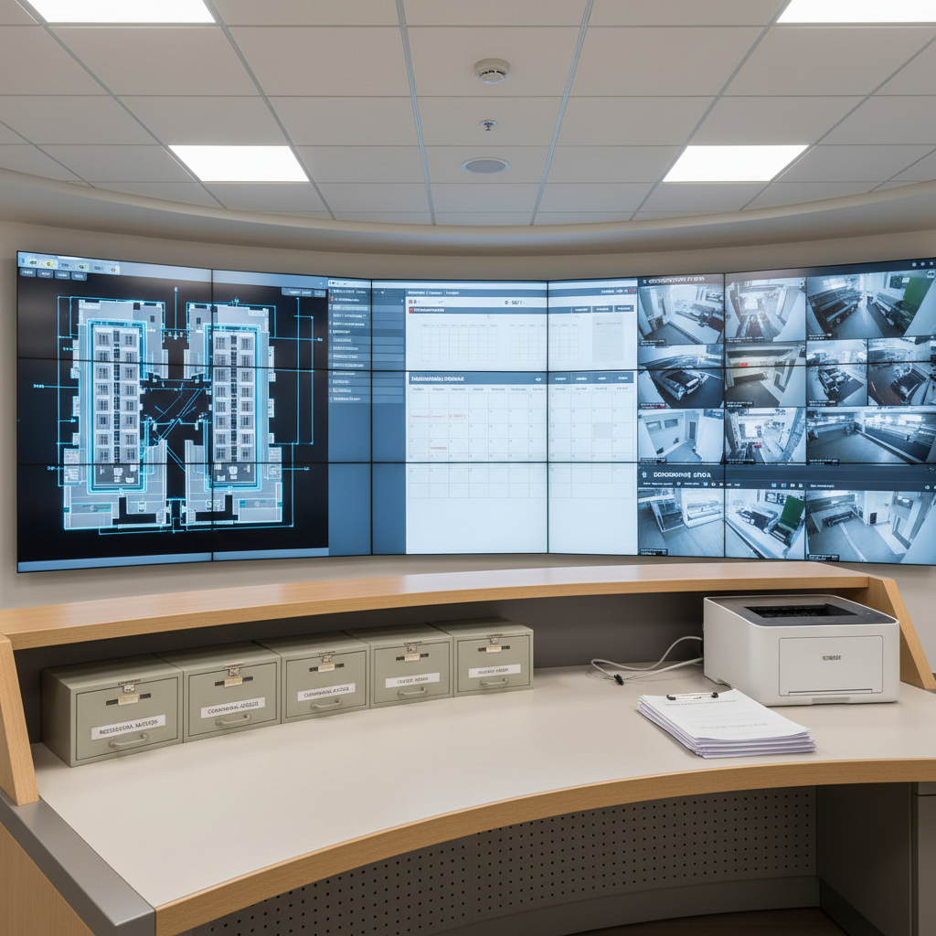 An immaculate building management control room featuring a wide, wall-mounted array of large digital displays showing floor plans, maintenance schedules, security feeds, and occupancy data in calm blues and neutrals. Below, a tidy console desk holds labeled key cabinets, neatly stacked incident reports, and a compact multifunction printer. Soft, even overhead LED lighting eliminates harsh shadows, giving the space a balanced, professional glow. Photographic realism at a slightly elevated angle captures the entire setup with sharp focus throughout. The atmosphere is calm, secure, and in control, reflecting responsive administration services coordinating both residential and commercial operations behind the scenes.